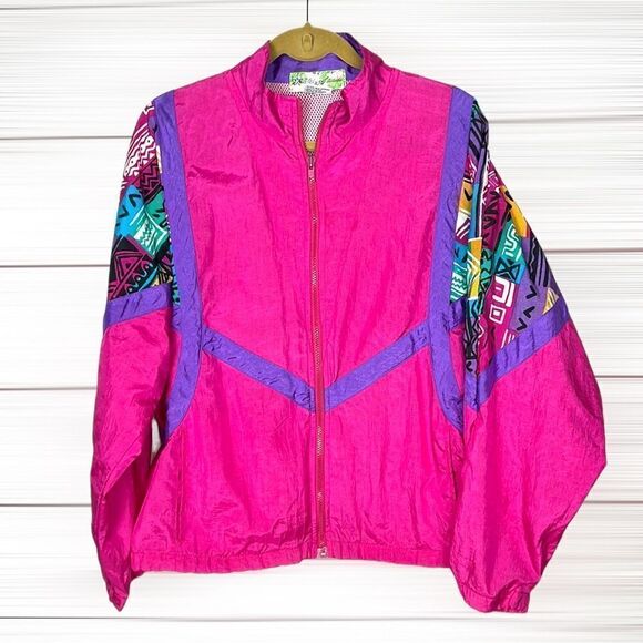 Healthy Attitude Vintage 90s Nylon Jacket Windbreaker Magenta Purple Zip Front L - Picture 1 of 15